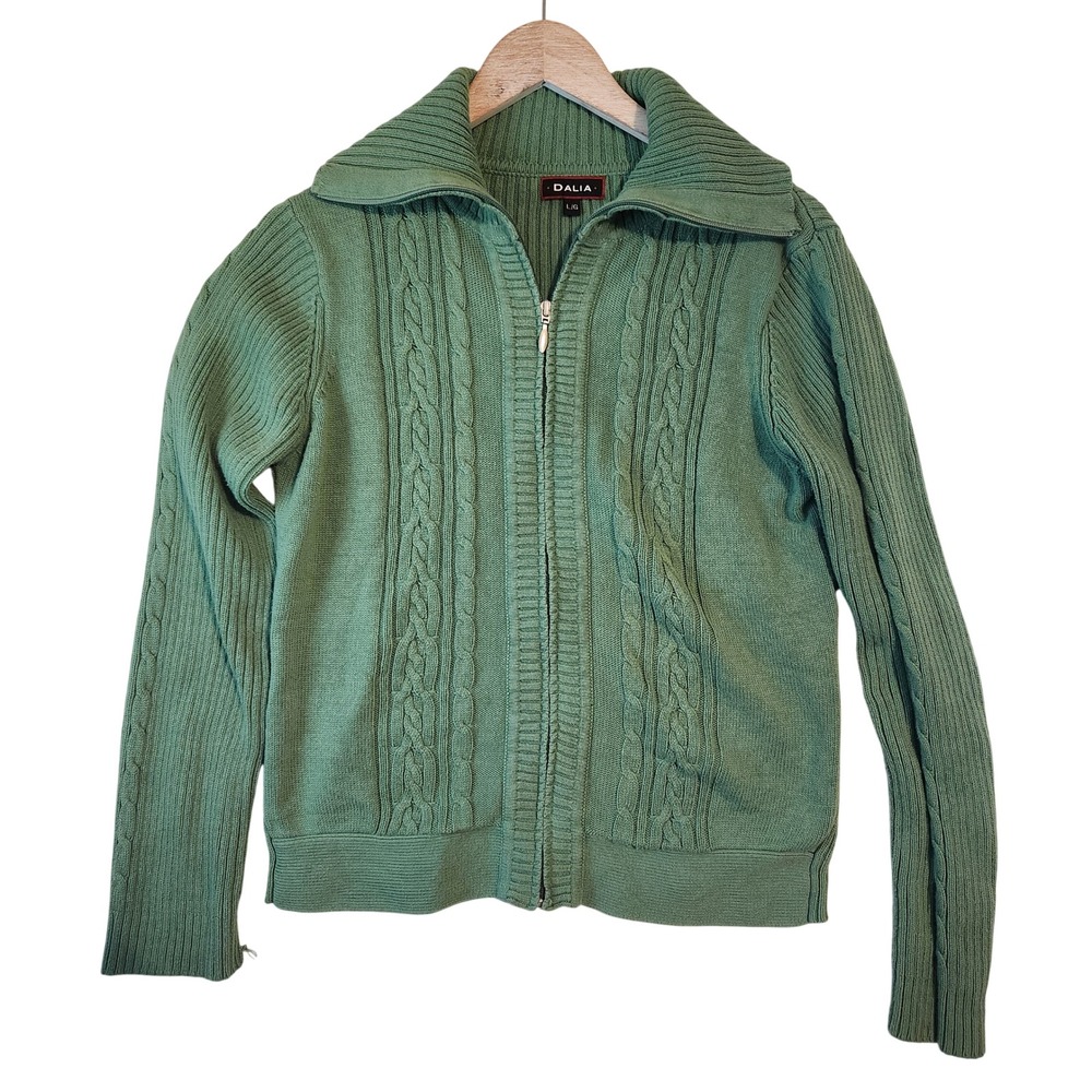 Dalia Green Cable Knit Full Zip Cardigan Sweater 100% Cotton Large Womens